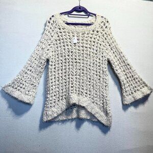 vintage open work boho cream chunky knit sweater